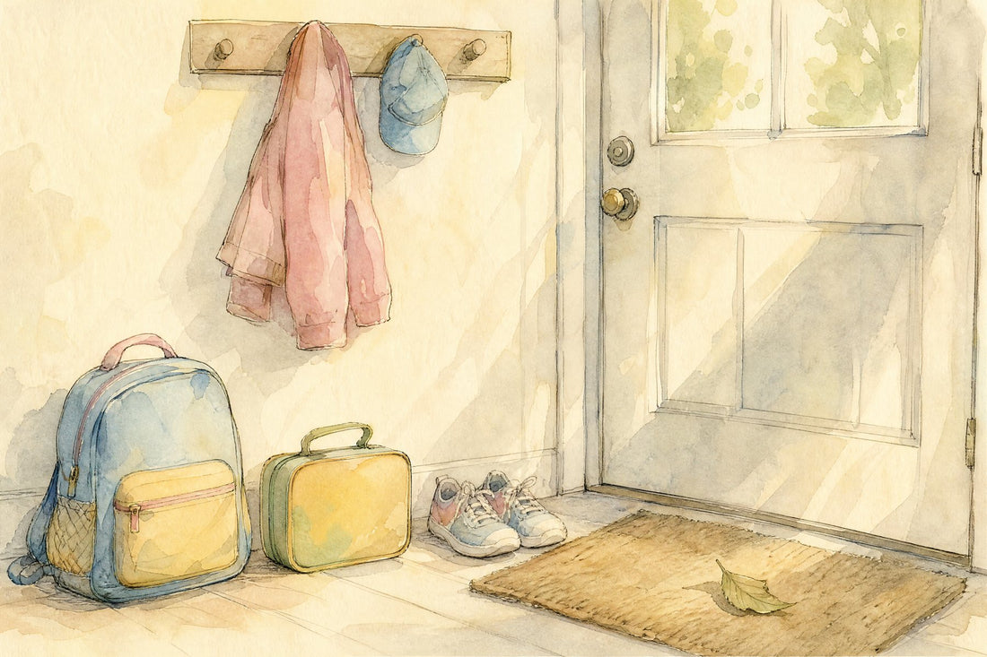 A child's backpack, lunchbox and sneakers waiting by a front door in morning light