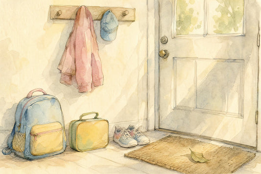 A child's backpack, lunchbox and sneakers waiting by a front door in morning light