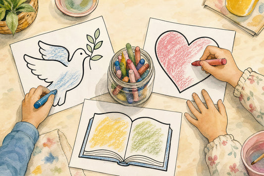 Children's hands colouring simple line art pages of a dove, a heart and an open Bible at a classroom table