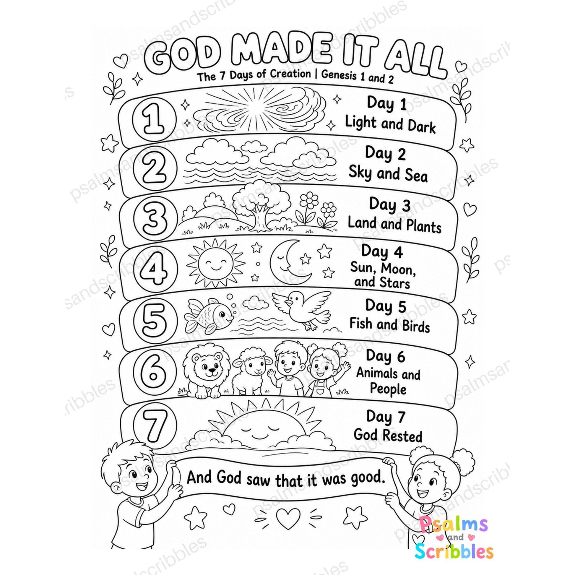 God Made It All, 7 Days of Creation coloring page, Genesis 1 and 2