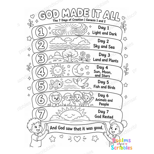 God Made It All, 7 Days of Creation coloring page, Genesis 1 and 2