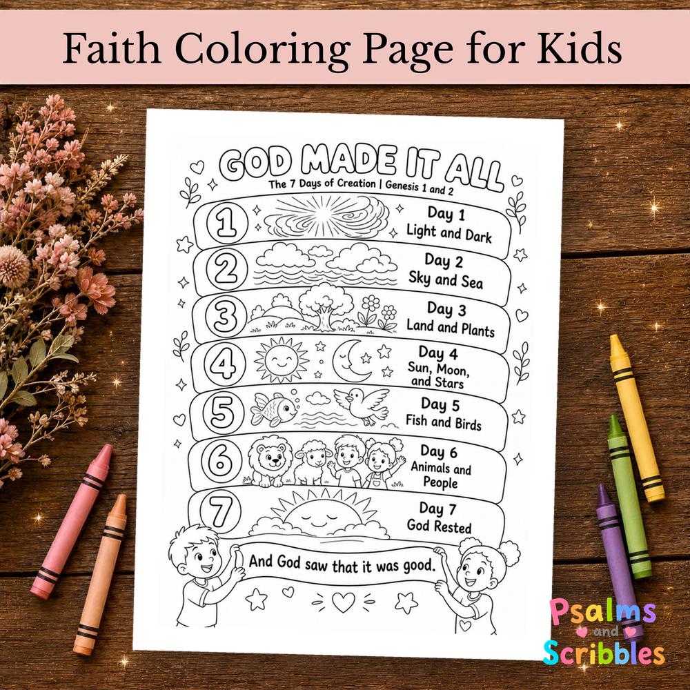 God Made It All coloring page shown printed on a table
