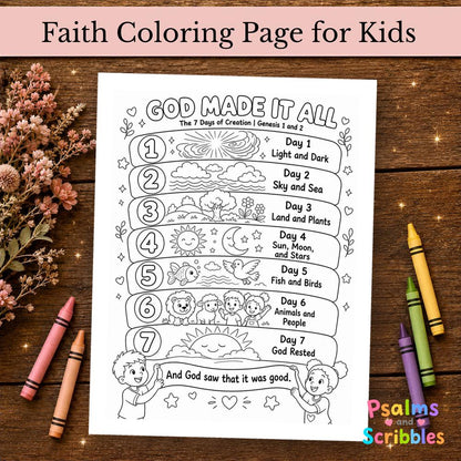 God Made It All coloring page shown printed on a table